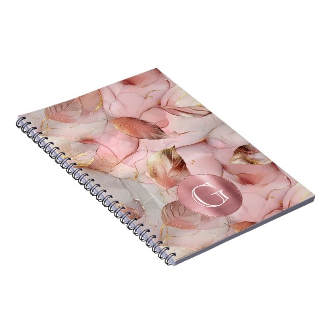 Cuaderno Monograma de hojas de oro rosadas de Rubor (Lado Derecho)