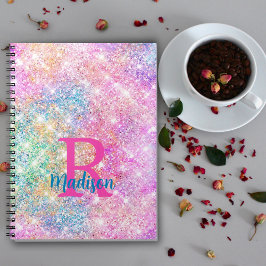 Cuaderno Monograma de imitación rosa de iridiscino blanco u