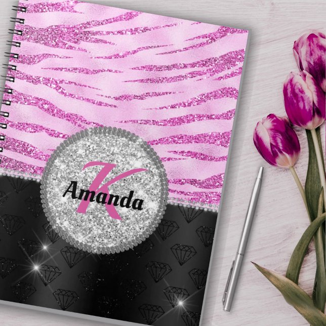 Cuaderno Monograma de impresión animal purpurina negro rosa (Subido por el creador)