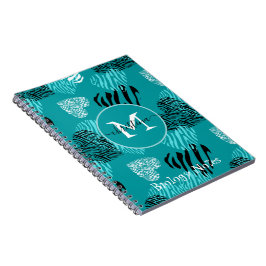 Cuaderno Monograma de impresión de cebra blanca verde azula