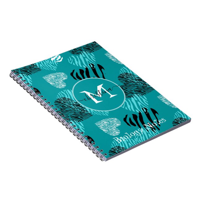 Cuaderno Monograma de impresión de cebra blanca verde azula (Lado Derecho)