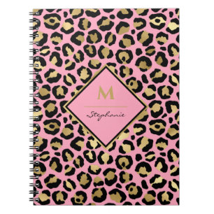 Cuaderno Monograma de Impresión de Leopardo Rosa Caliente N