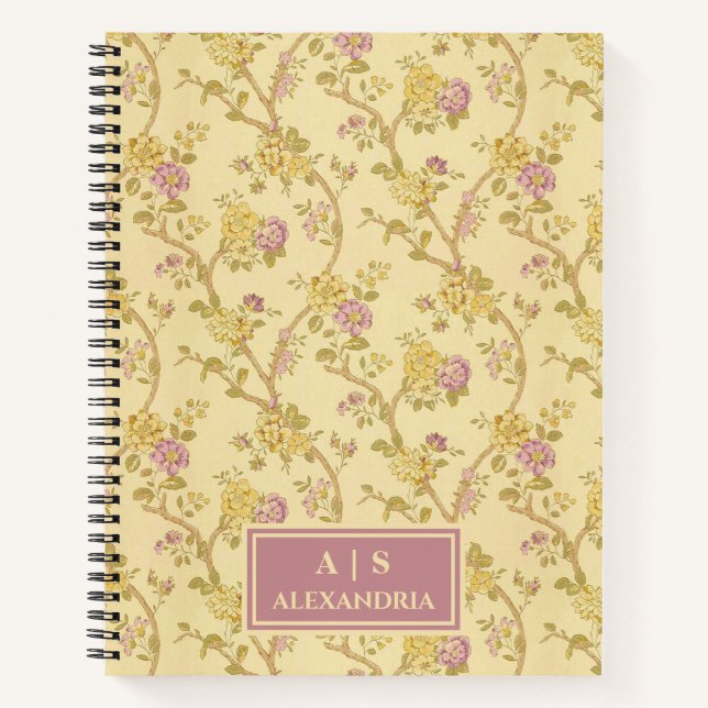Cuaderno Monograma de impresión floral vintage (Anverso)