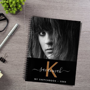 Cuaderno Monograma de la foto de oro blanco negro en el cua