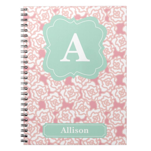 Cuaderno Monograma de la menta de los rosas del melocotón (Frente)