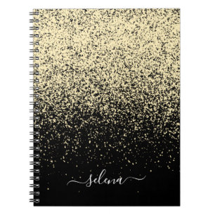 Cuaderno Monograma de la Purpurina de oro negro Girly