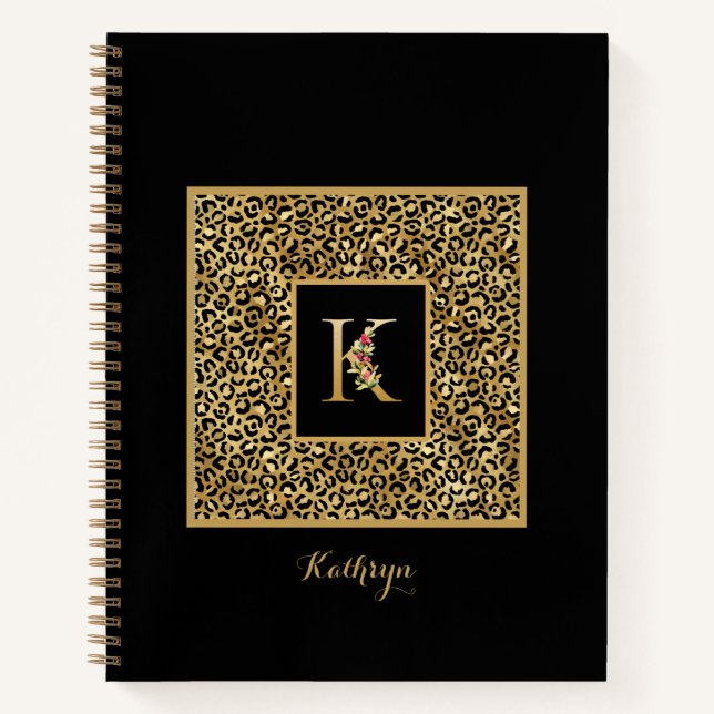 Cuaderno Monograma de letra K personalizada en oro de leopa (Anverso)
