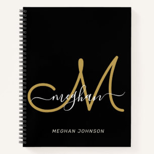 Cuaderno Monograma de letra manuscrita de oro negro moderno