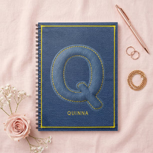 Cuaderno Monograma de letra Q cosida con falso denim azul