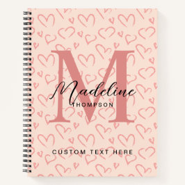 Cuaderno Monograma de letra script con patrón de corazón ro