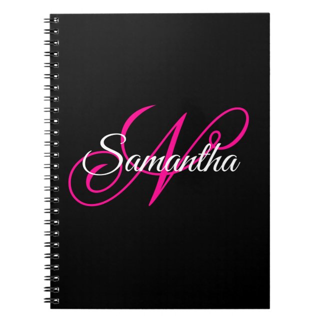 Cuaderno Monograma de letra script elegante en negro, blanc (Frente)