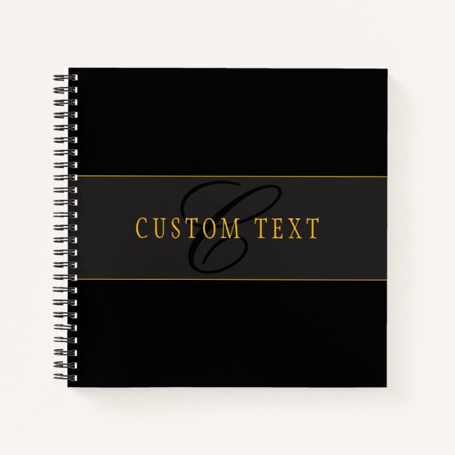 Cuaderno Monograma de letra script elegante negro y dorado (Anverso)