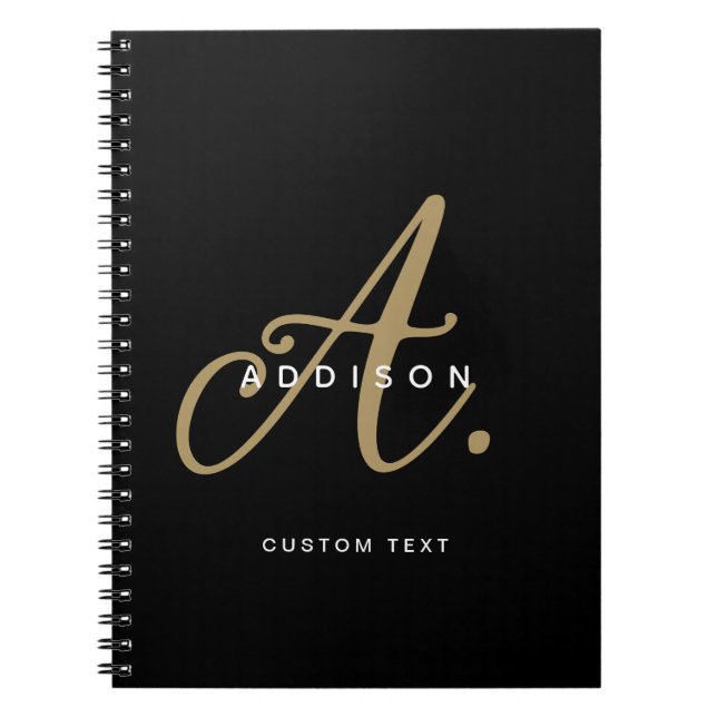 Cuaderno Monograma de letra script elegante negro y dorado (Frente)