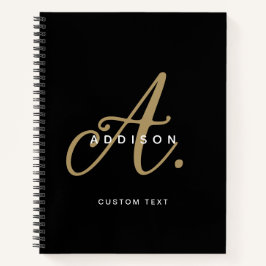 Cuaderno Monograma de letra script elegante negro y dorado