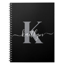 Cuaderno Monograma de letra script gris negro moderno