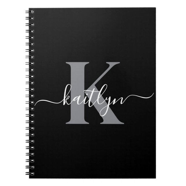 Cuaderno Monograma de letra script gris negro moderno (Frente)