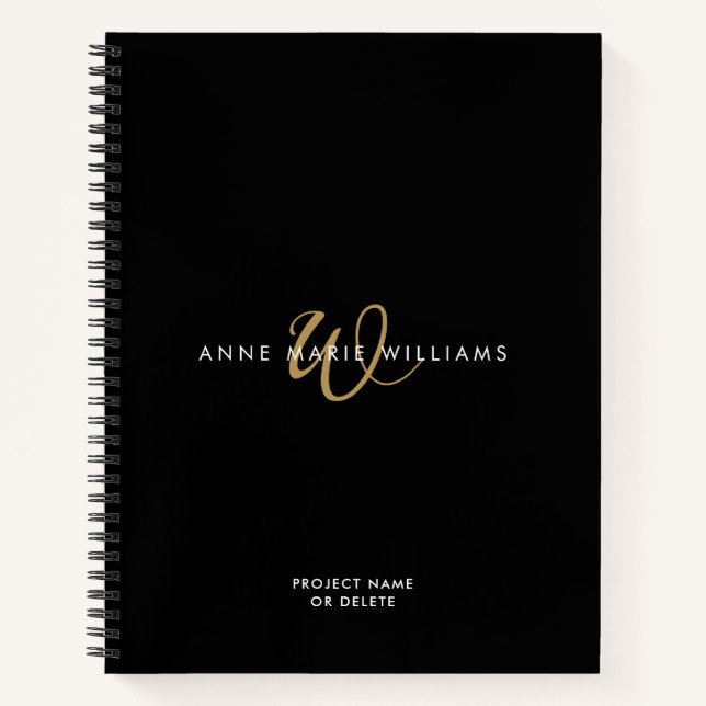 Cuaderno Monograma de letra script oro negro moderno (Anverso)