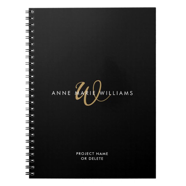 Cuaderno Monograma de letra script oro negro moderno (Frente)