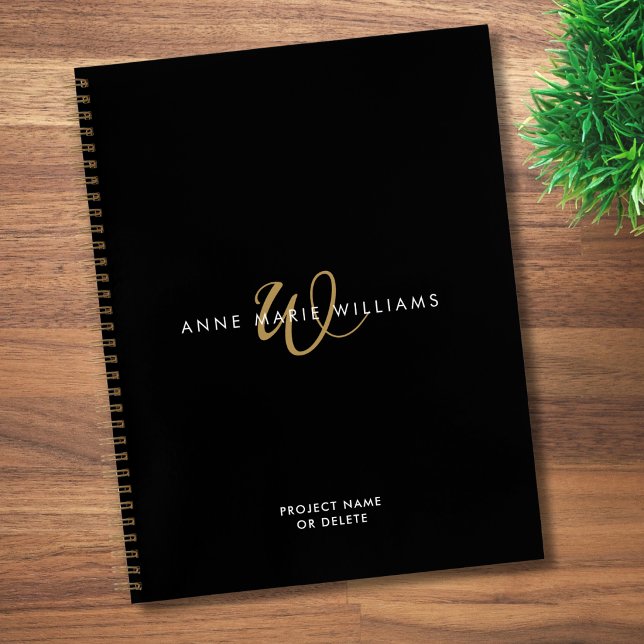 Cuaderno Monograma de letra script oro negro moderno (Subido por el creador)