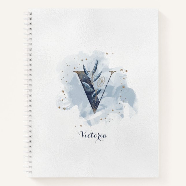 Cuaderno Monograma de letra V floral personal moderno azul  (Anverso)