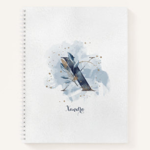 Cuaderno Monograma de letra X floral personal moderno azul 