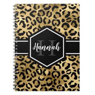 Cuaderno Monograma de lugares de leopardo negro dorado