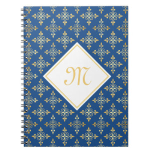 Cuaderno Monograma de lujo azul y dorado Quatre Floral
