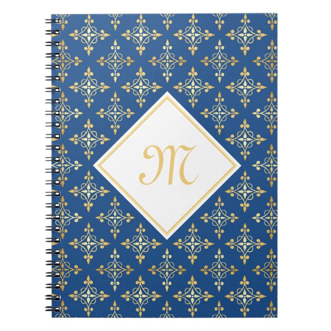 Cuaderno Monograma de lujo azul y dorado Quatre Floral (Frente)