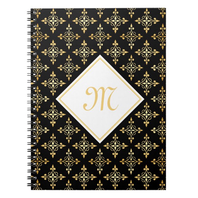 Cuaderno Monograma de lujo negro y dorado Quatre Floral (Frente)