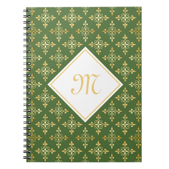 Cuaderno Monograma de lujo Verde y Dorado Quatre Floral (Frente)