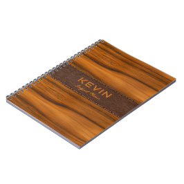 Cuaderno Monograma De Madera De Mahogany Y Textura De Cuero