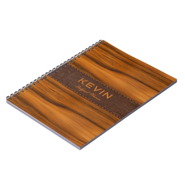 Cuaderno Monograma De Madera De Mahogany Y Textura De Cuero (Lado Izquierdo)