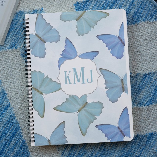Cuaderno Monograma de mariposas color azul (Botanical blue butterflies in deep blue, teal and light blue. )