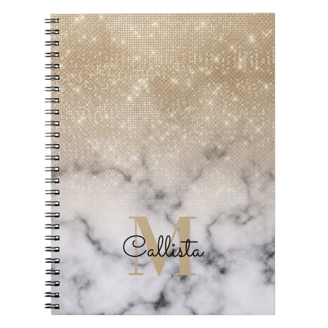 Cuaderno Monograma de Mármol Blanco Glamoroso Purpurina Oro (Frente)