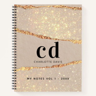 Cuaderno Monograma de mármol de agajo dorado beige