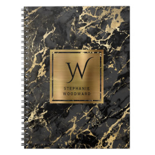 Cuaderno Monograma de mármol negro elegante dorado