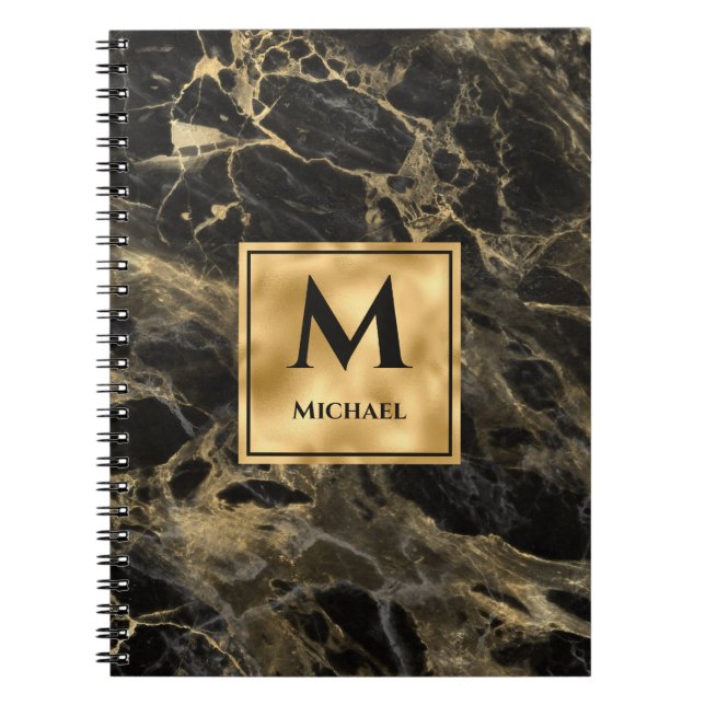 Cuaderno Monograma de mármol negro y dorado Elegante lujo (Frente)
