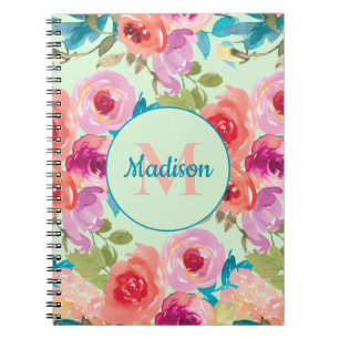 Cuaderno Monograma de menta con hojas de té verde y flores 