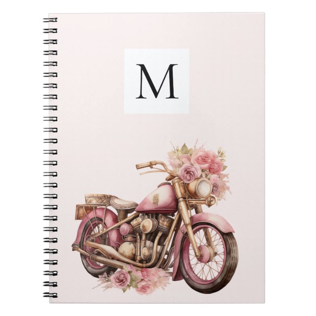 Cuaderno Monograma de motocicleta floral rosa (Frente)
