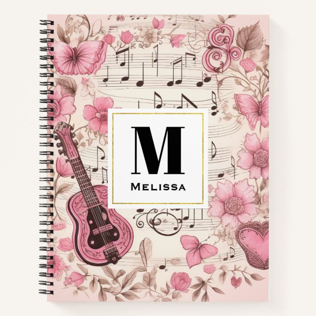 Cuaderno Monograma de Music Notes and Flowers Retro Style (Anverso)