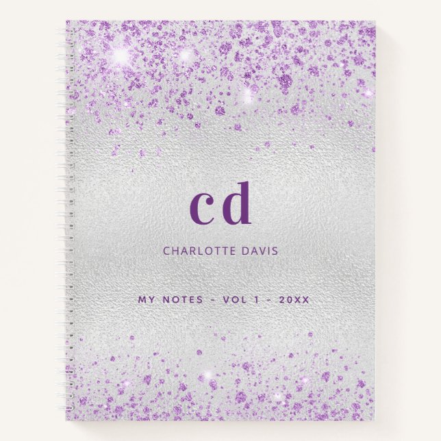 Cuaderno Monograma de nombre con brillo de lavanda plateada (Anverso)