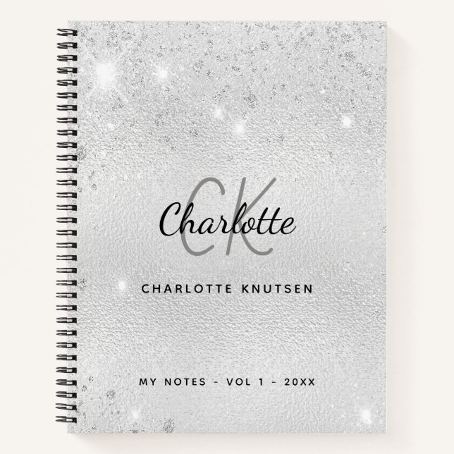 Cuaderno Monograma de nombre con brillo plateado (Anverso)
