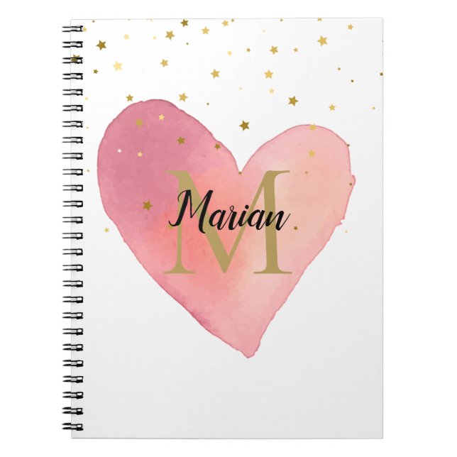 Cuaderno Monograma de nombre con corazón de acuarela rosa a (Frente)