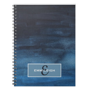 Cuaderno Monograma de nombre de acuarela azul marino modern