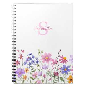 Cuaderno Monograma de nombre de acuarela de flor silvestre 