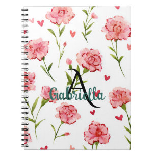 Cuaderno Monograma de nombre de flores de corazones rojos