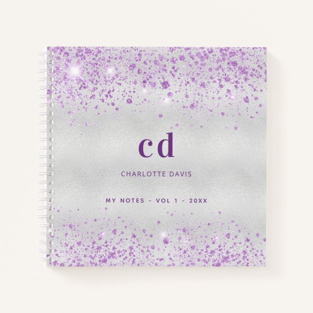 Cuaderno monograma de nombre de lavanda plateada (Anverso)