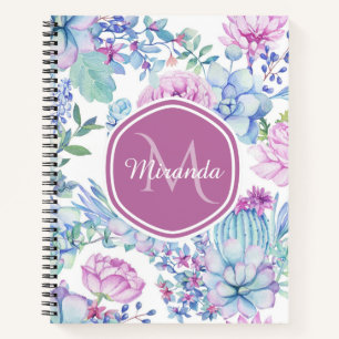Cuaderno Monograma de nombre de suculenta azul púrpura