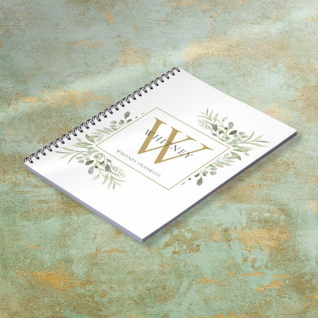 Cuaderno Monograma de nombre de vegetación en acuarela eleg (Elegant Watercolor Greenery Monogram Name Notebook)
