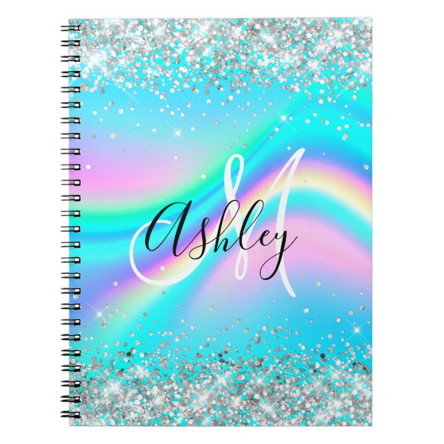 Cuaderno Monograma de ola de arcoiris Aqua Ombre Purpurina  (Frente)